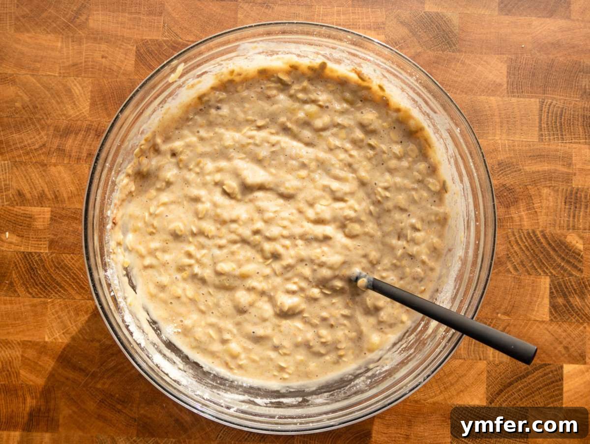 Wholesome Oil-Free Banana Oat Muffins 6 Step 2 Rolled oats flour baking powder and baking soda mixed into the wet ingredients.