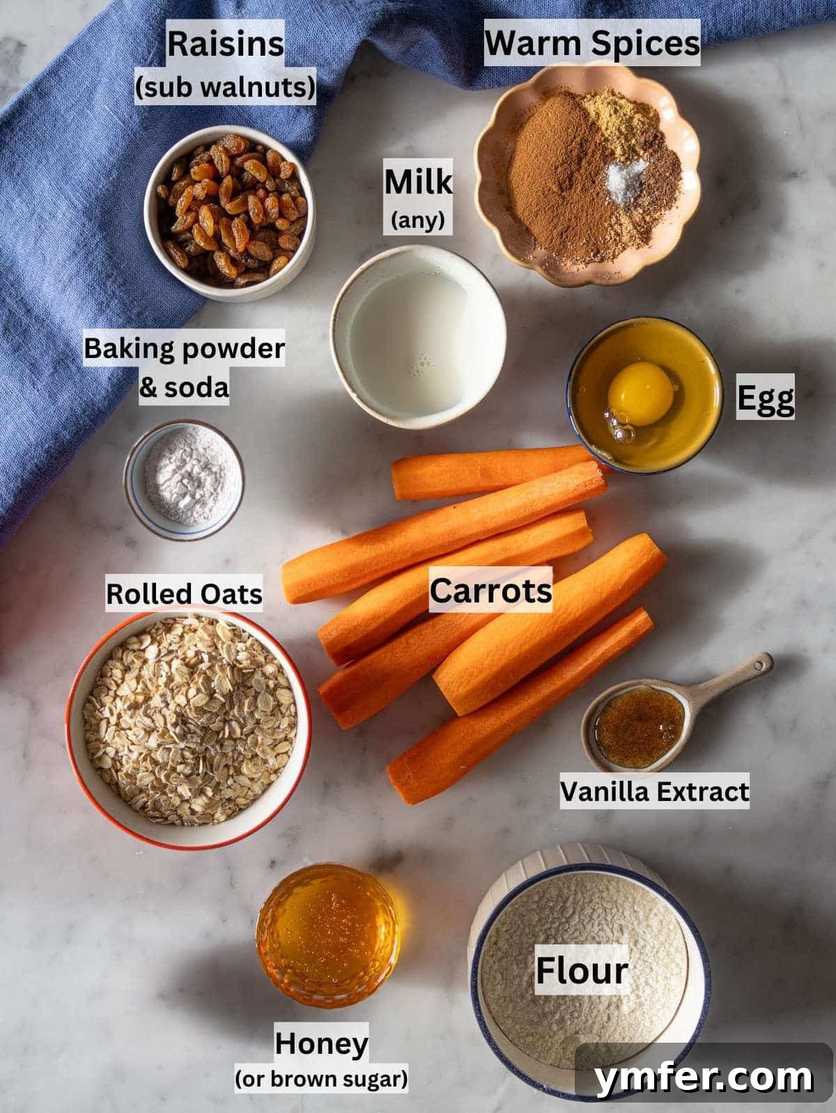 Smart Start Carrot Muffins 4 Carrot cake muffin ingredients arranged neatly on a kitchen counter.