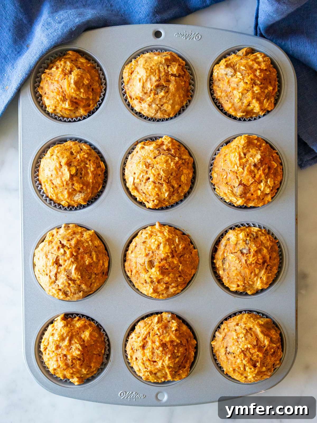 Smart Start Carrot Muffins 3 Top down view of finished oil free carrot cake muffins with golden dome tops.