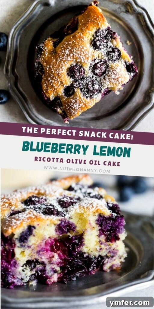 Mediterranean Blueberry Citrus Ricotta Cake 7 Blueberry Lemon Ricotta Olive Oil Cake pin for Pinterest. A beautiful shot of the cake for social sharing.