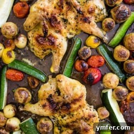 Sheet Pan Golden Cornish Hens with Vibrant Summer Vegetables 8 This sheet pan spatchcocked Cornish hens with summer vegetables is the perfect weeknight dinner. It all bakes up on one sheet pan and is packed with perfectly crisp Cornish hens, zucchini, baby potatoes and cherry tomatoes all tossed in an olive oil, oregano, thyme mixture. You'll love this sheet pan meal!