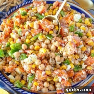 Healthy chickpea sweet potato salad with crunchy vegetables and creamy feta, garnished with fresh herbs.