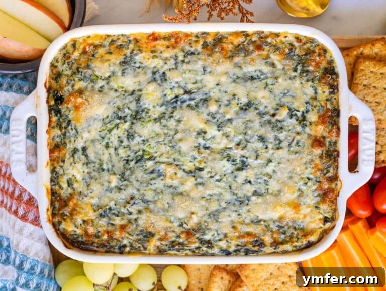 Step four baked spinach artichoke dip warm golden and ready to serve.