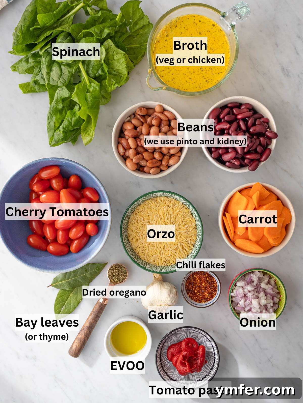 Mediterranean Orzo with Beans A Wholesome One-Pan Meal 3 Ingredients for orzo and beans arranged on marble table with fresh veggies and canned beans.