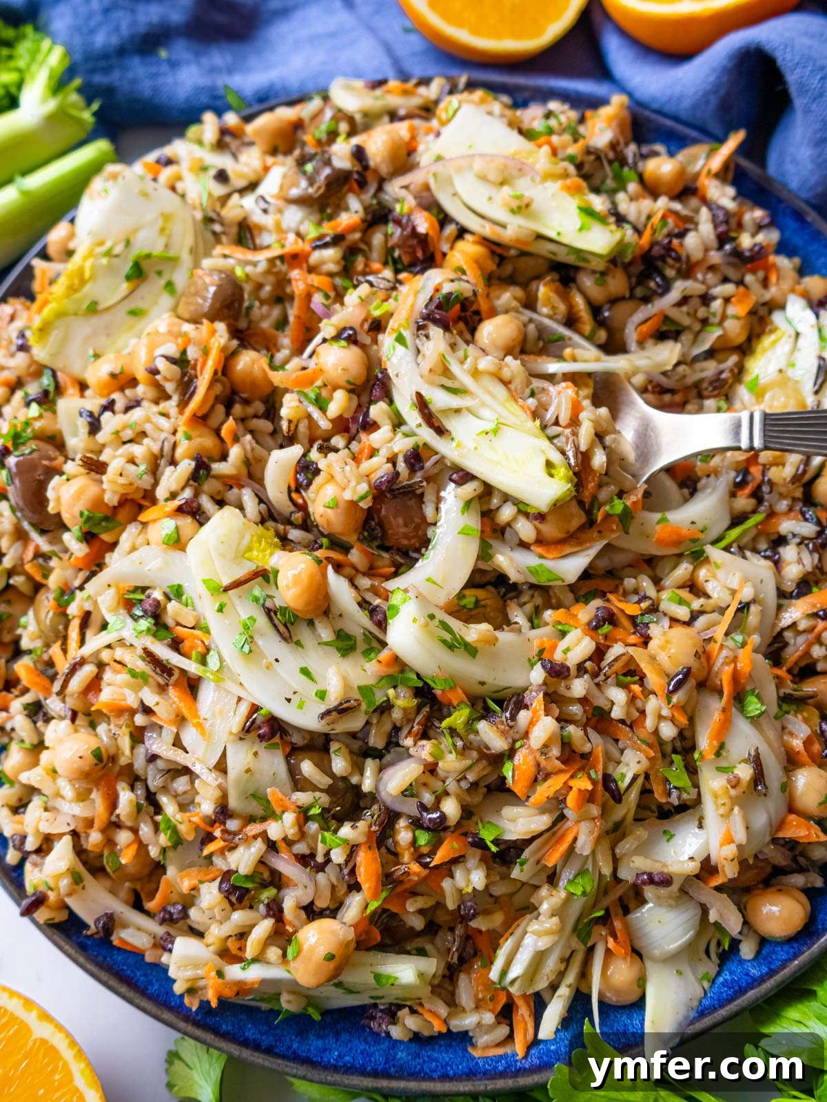 Mediterranean Wild Rice Salad for Healthy Meal Prep 2 Finished salad close up wild rice salad with fennel carrots and chickpeas.