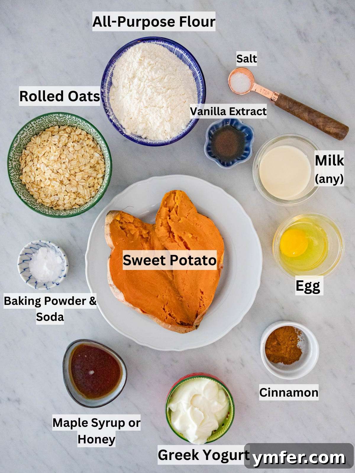 Wholesome Oil-Free Sweet Potato Oatmeal Muffins 3 Sweet potato oatmeal muffin ingredients displayed neatly for easy meal prep baking.