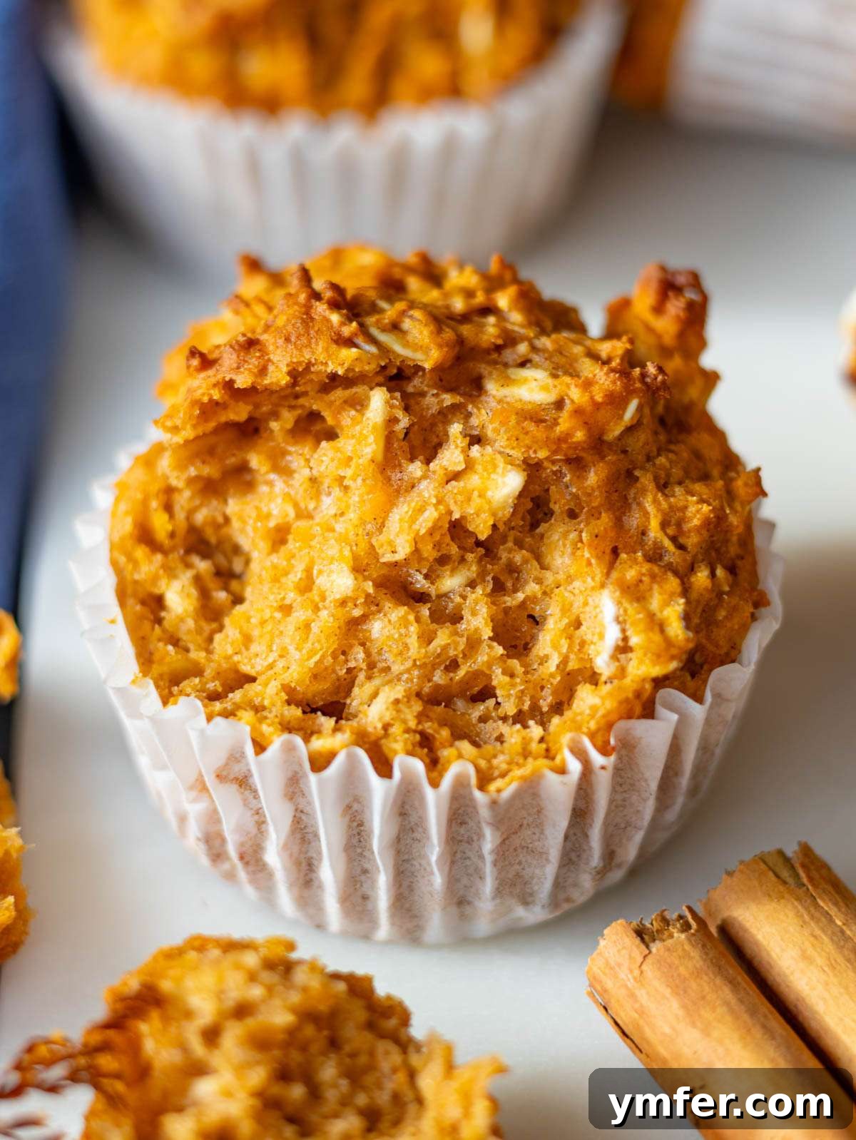 Wholesome Oil-Free Sweet Potato Oatmeal Muffins 4 Soft sweet potato oatmeal muffins showing moist crumb and warm cinnamon color.