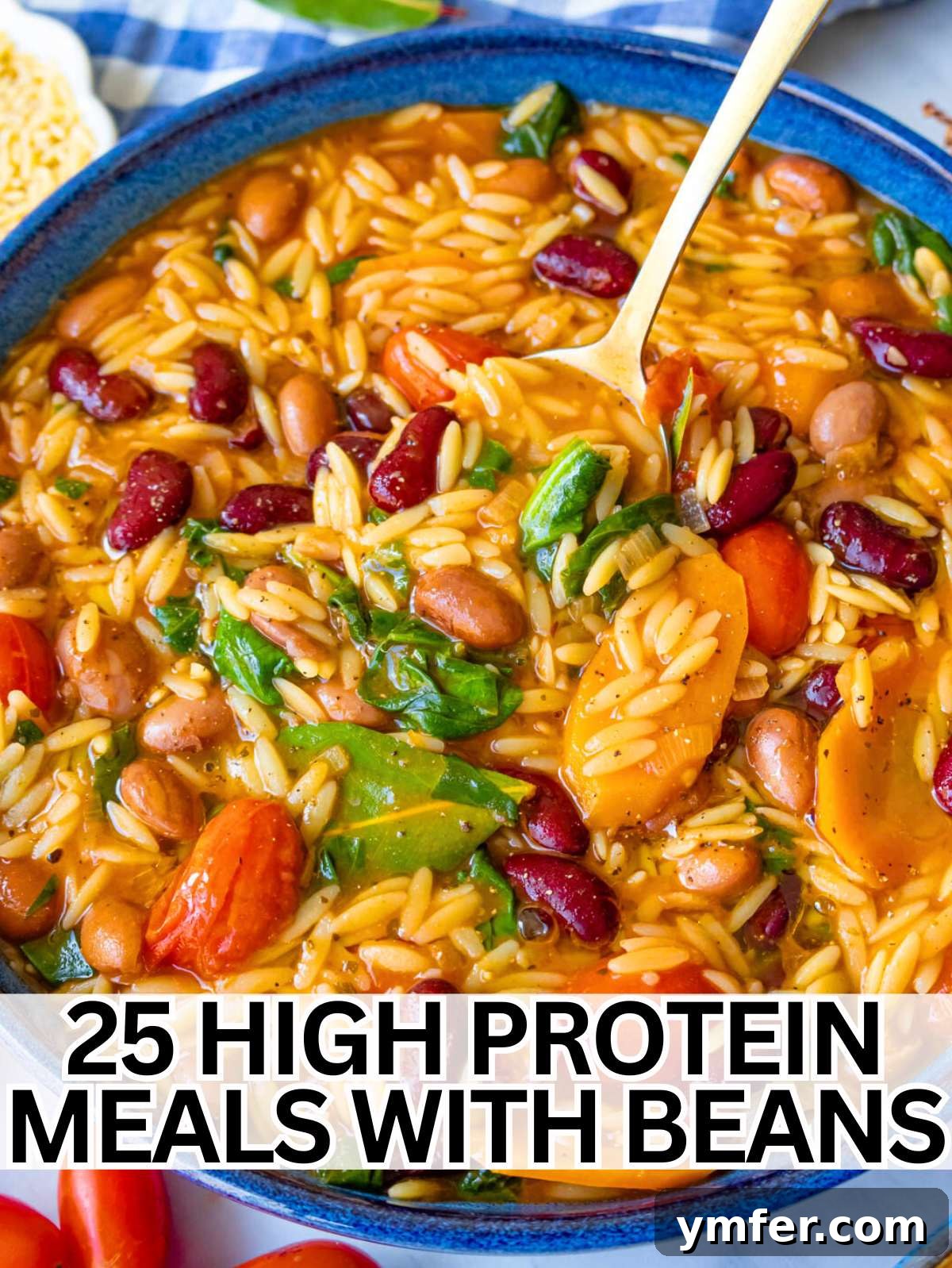 Fuel Up Fast: 25 High-Protein Bean Recipes in 30 Minutes 2 High protein dinners with beans two beans and orzo in a blue bowl.