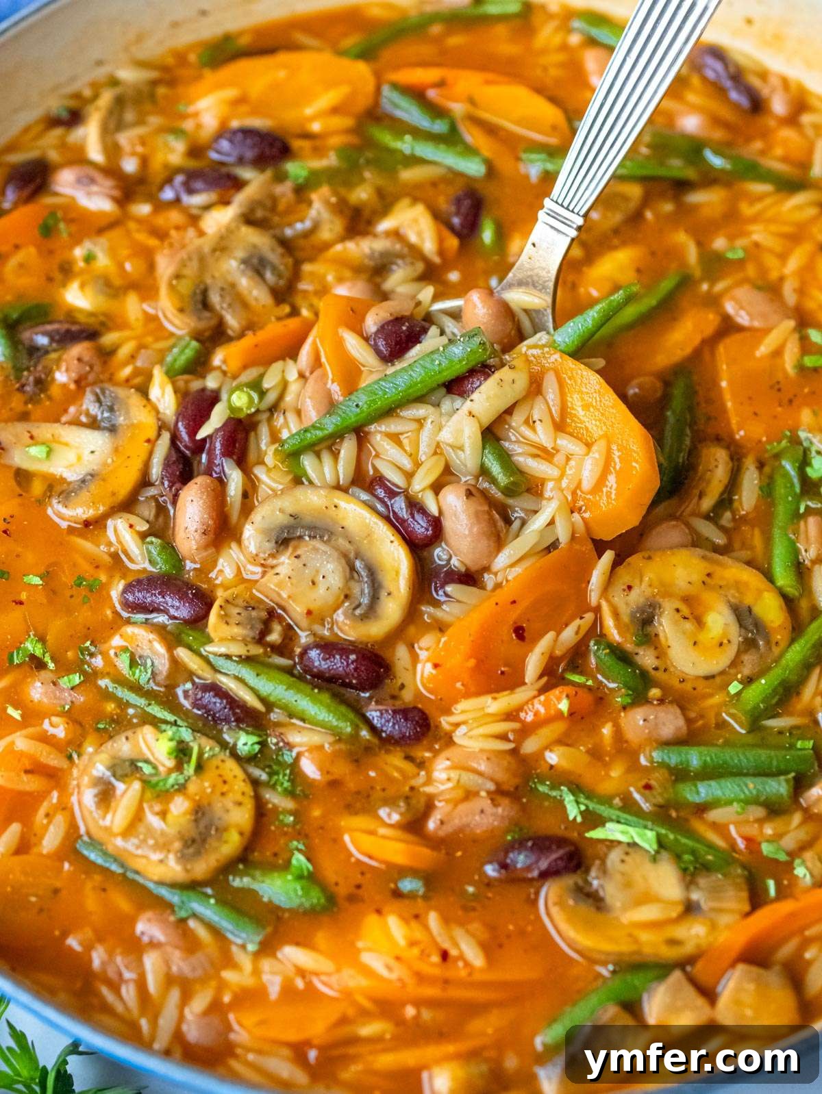 Healthy Mediterranean One-Pot Three Bean Orzo Soup 2 Finished soup close up creamy three bean orzo soup showing tender orzo and vegetables.