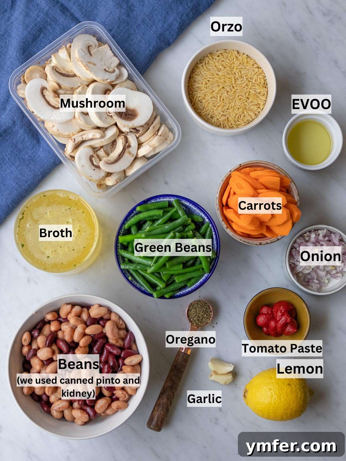 Healthy Mediterranean One-Pot Three Bean Orzo Soup 3 Ingredients shot vegetables beans broth and orzo arranged for easy Mediterranean soup recipe.