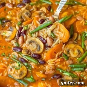 Feature image vibrant three bean orzo soup healthy Mediterranean one pot dinner.