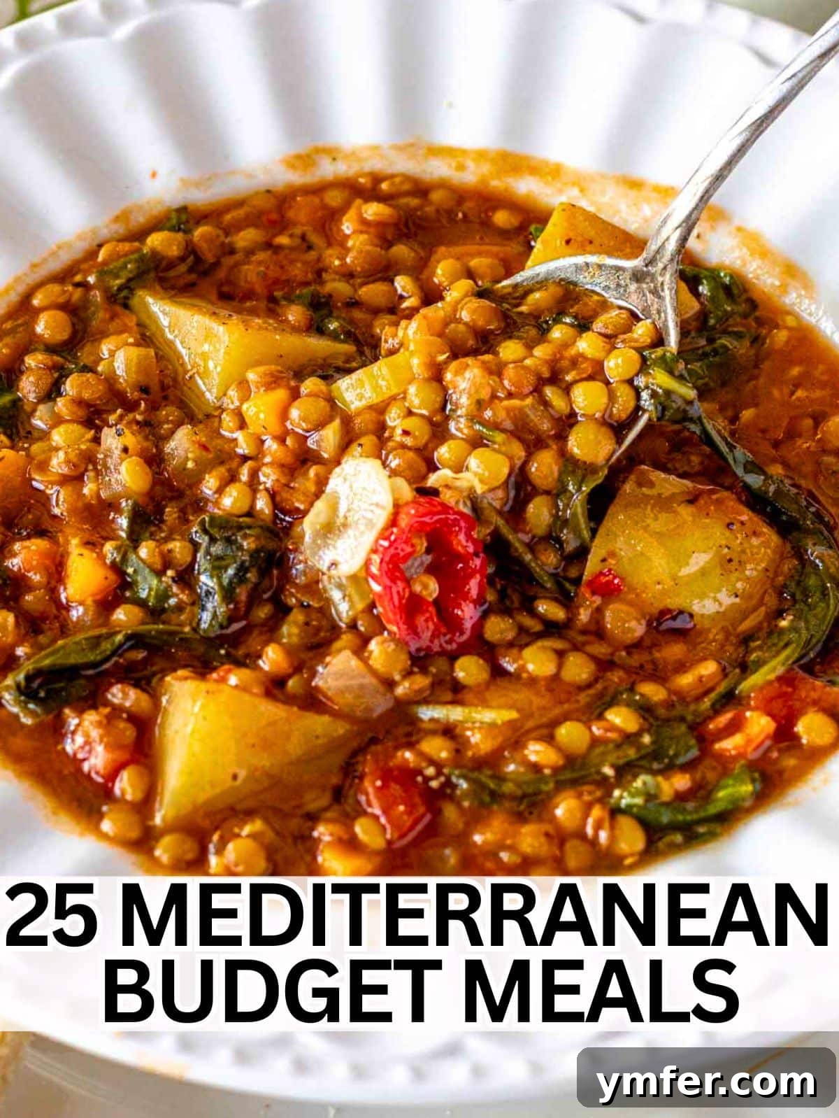 25 Affordable and Healthy Mediterranean Diet Meals 2 25 Mediterranean Diet budget meals with an easy lentil soup and a spoon.