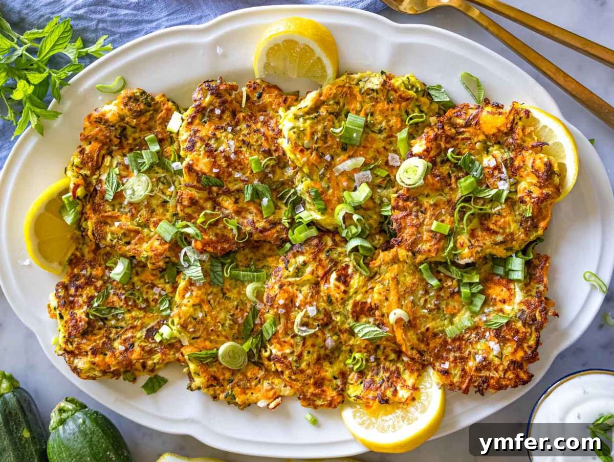 25 Affordable and Healthy Mediterranean Diet Meals 24 Freshly cooked zucchini patties served on a platter with fresh herbs and lemon wedges.
