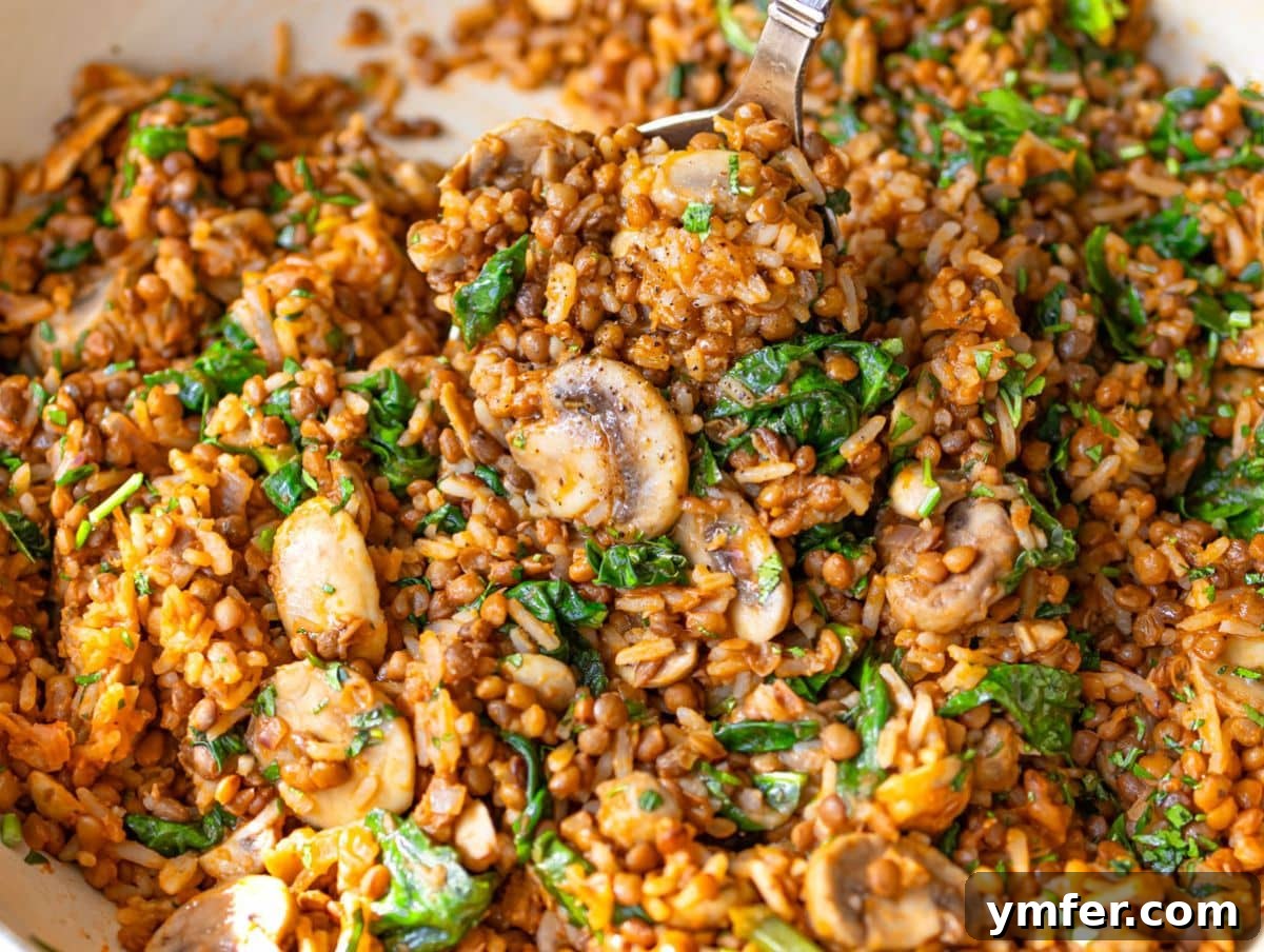 25 Affordable and Healthy Mediterranean Diet Meals 27 Mediterranean mushroom rice and lentil stir fry garnished in a skillet with fresh herbs.
