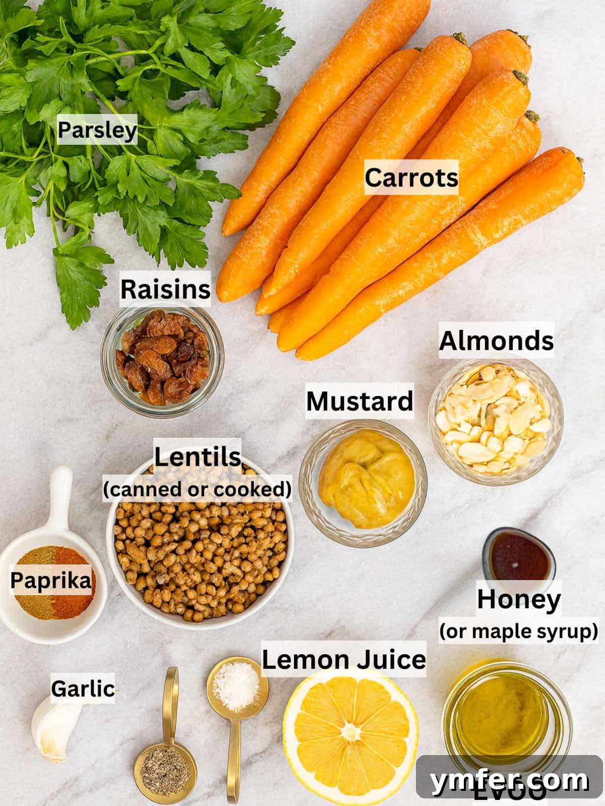 Vibrant Mediterranean Carrot and Lentil Salad 3 Fresh carrots lentils herbs nuts and dressing ingredients arranged for Mediterranean carrot salad.