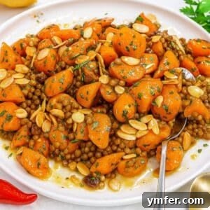 Mediterranean carrot salad close-up with roasted carrots lentils and lemon dressing