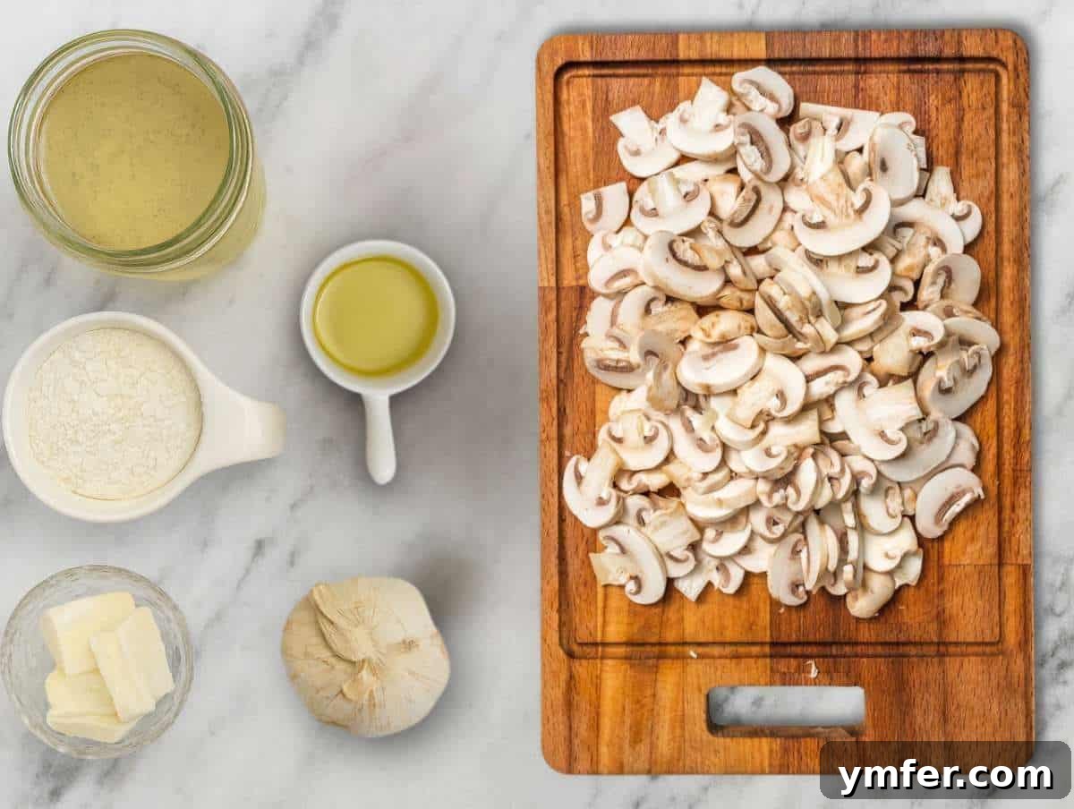 Step 1: Slicing fresh mushrooms evenly and gathering all other ingredients on a wooden cutting board to prepare for making the mushroom sauce.