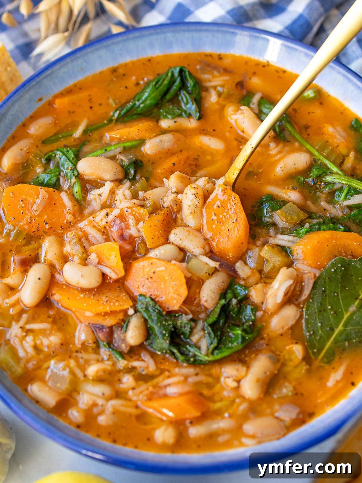 Hearty Greek Bean and Rice Stew Fasolada Inspired 2 Close up of Greek bean stew with rice and vegetables in a warm bowl, showcasing its comforting texture.