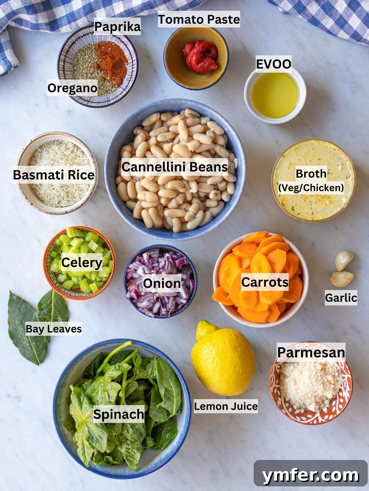 Hearty Greek Bean and Rice Stew Fasolada Inspired 3 Ingredients picture fresh vegetables beans rice and seasonings arranged for a vibrant Greek bean stew.
