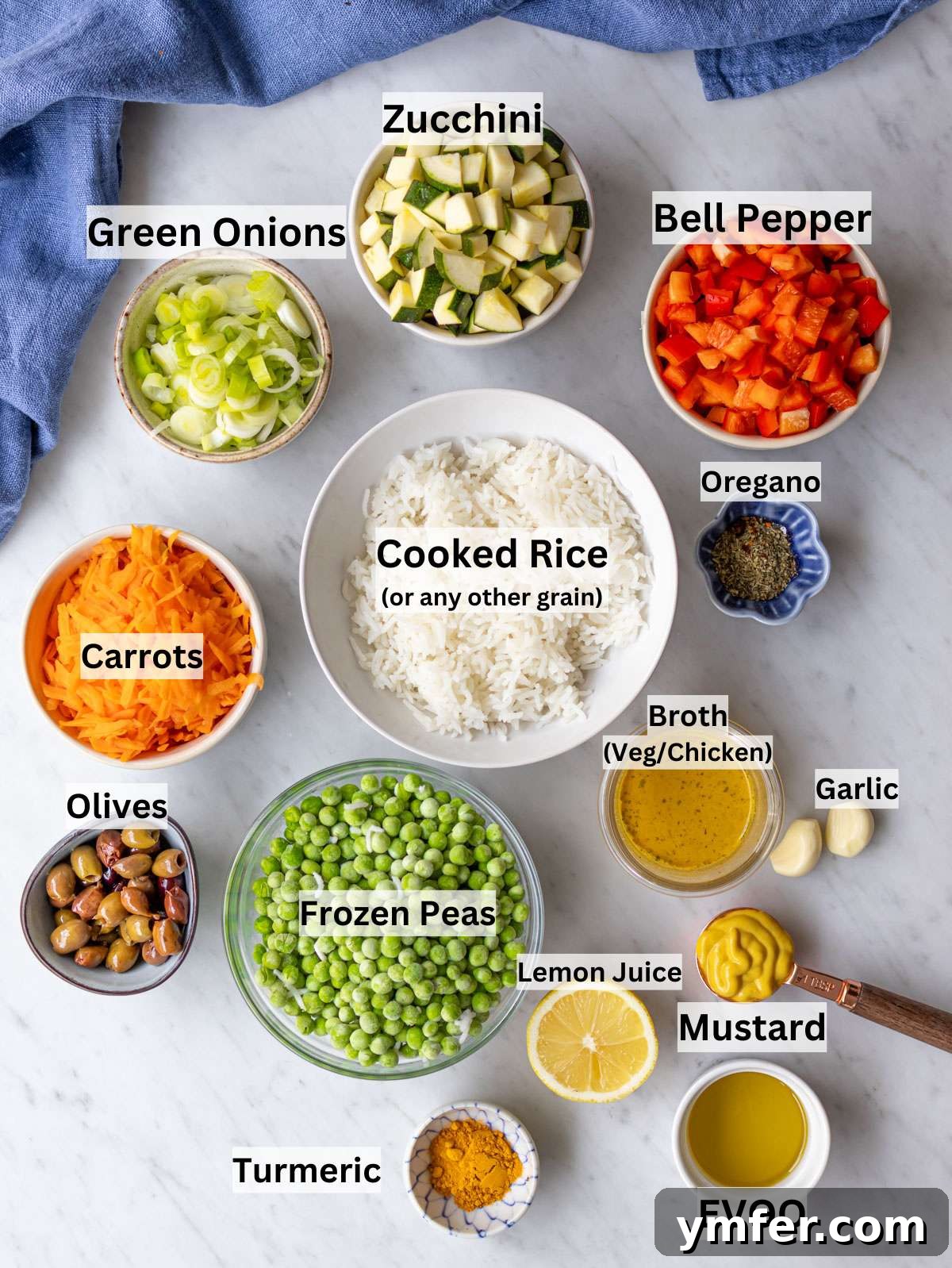 Golden Mediterranean Turmeric Vegetable Skillet 3 Fresh chopped vegetables olives peas and rice for Mediterranean stir fry recipe.