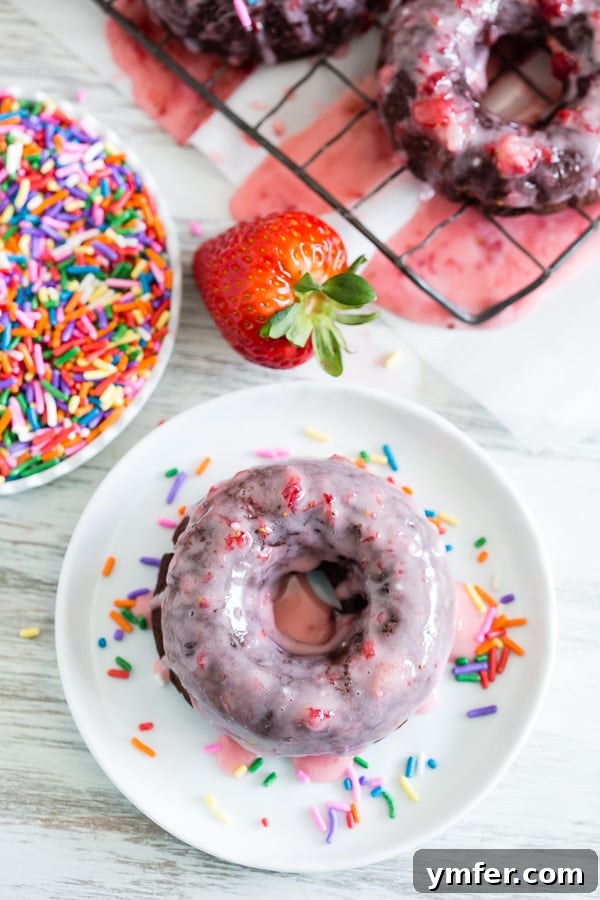 Decadent Chocolate Strawberry Donuts 2 Indulge in these homemade baked chocolate donuts, brimming with fresh strawberries and chocolate chips, finished with a beautiful strawberry glaze. The perfect chocolate strawberry treat!