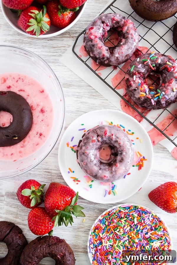 Decadent Chocolate Strawberry Donuts 5 A plate of gorgeous baked chocolate strawberry donuts, generously drizzled with homemade strawberry glaze and a hint of sprinkles. A perfect sweet indulgence.