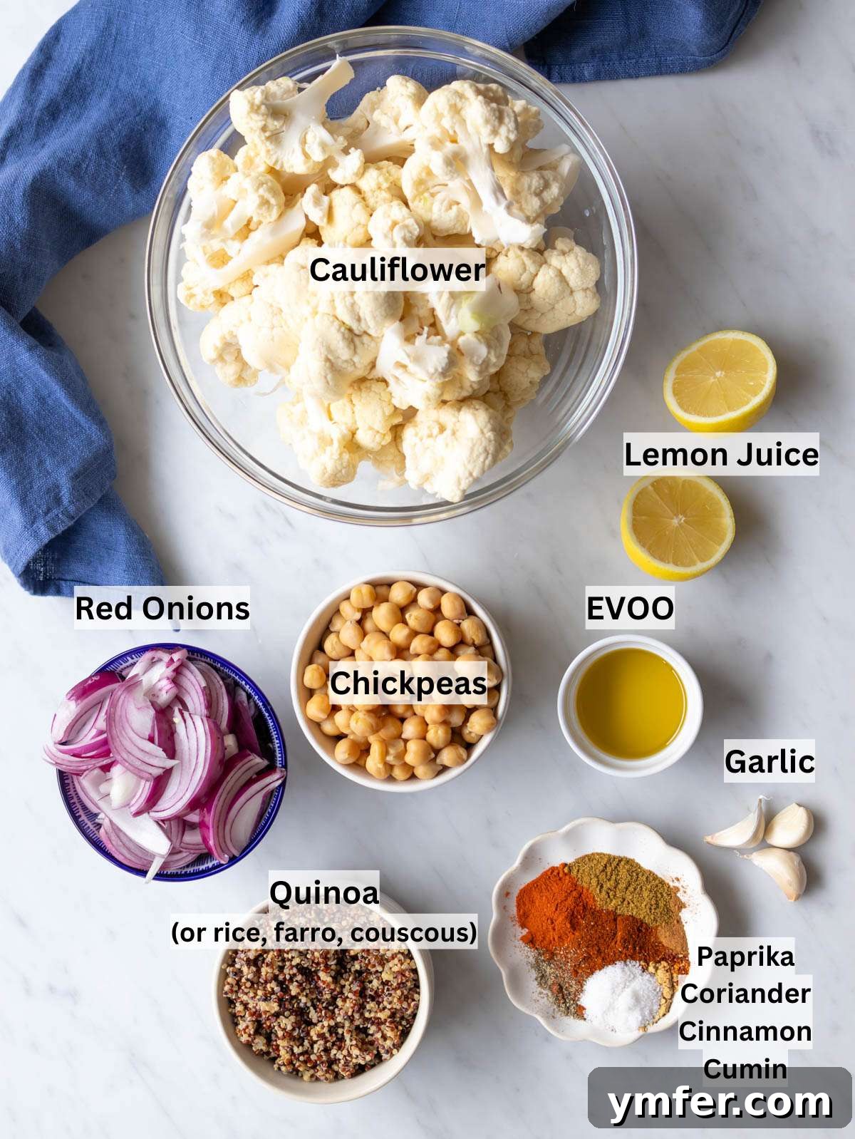 Ingredients for cauliflower shawarma bowl with spices veggies chickpeas and quinoa.