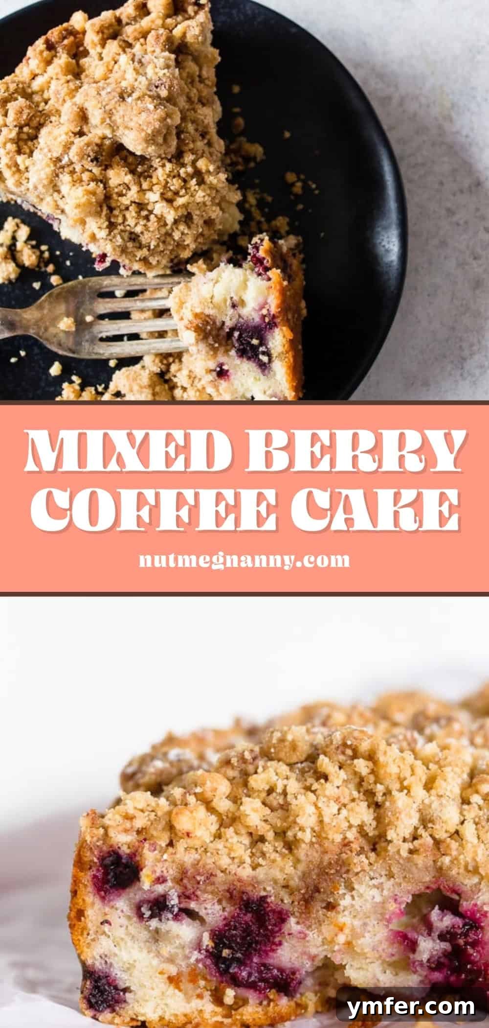 Berry Burst Coffee Cake 7 A stunning Mixed Berry Coffee Cake, perfectly baked and sliced, featuring the tender cake, juicy berries, and golden streusel topping. Ideal for sharing on Pinterest.