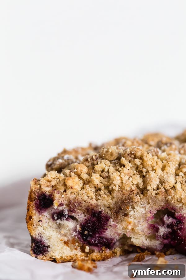Berry Burst Coffee Cake 4 A beautifully cut mixed berry coffee cake slice, showcasing the tender crumb, juicy berries, and thick, golden streusel topping. Perfect for serving.