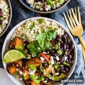 These sweet potato black bean burrito bowls are the perfect vegetarian meal to add to your weekly meal plan. Delicious cilantro lime rice piled high with black beans, roasted sweet potatoes, and vegetables. Trust me, you’ll go crazy over this bowl!