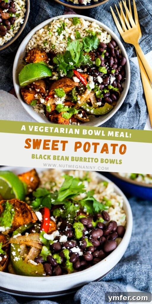Sweet Potato Black Bean Fiesta Bowls 7 Sweet Potato Black Bean Burrito Bowls pin for Pinterest, showcasing a beautiful, loaded bowl.