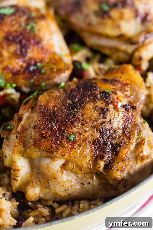 Smoky Cajun Chicken Rice Pot 3 A close-up shot of One Pot Cajun Chicken and Rice in a large baking dish, highlighting the texture and ingredients.