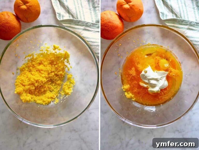 Zesty Orange Bliss Cake 10 Orange zest being rubbed into sugar in a bowl with wet ingredients ready to be mixed.