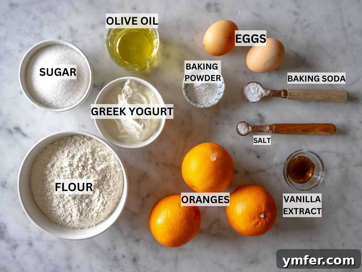 Zesty Orange Bliss Cake 3 Carefully arranged fresh ingredients for orange cake on a pristine marble surface, highlighting oranges, flour, eggs, and olive oil.