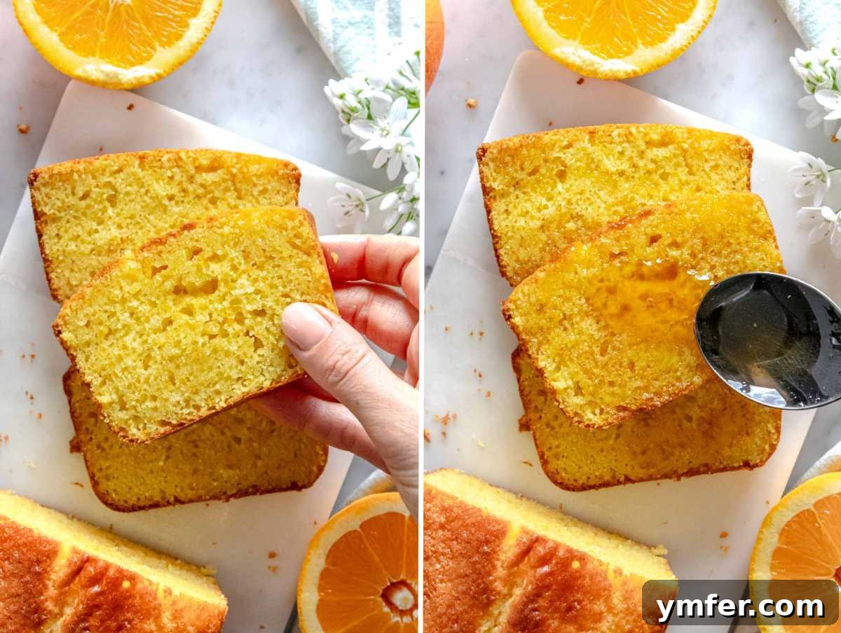 Zesty Orange Bliss Cake 7 Beautifully baked orange cake, sliced into moist portions, some with syrup and some without, on a rustic cutting board.