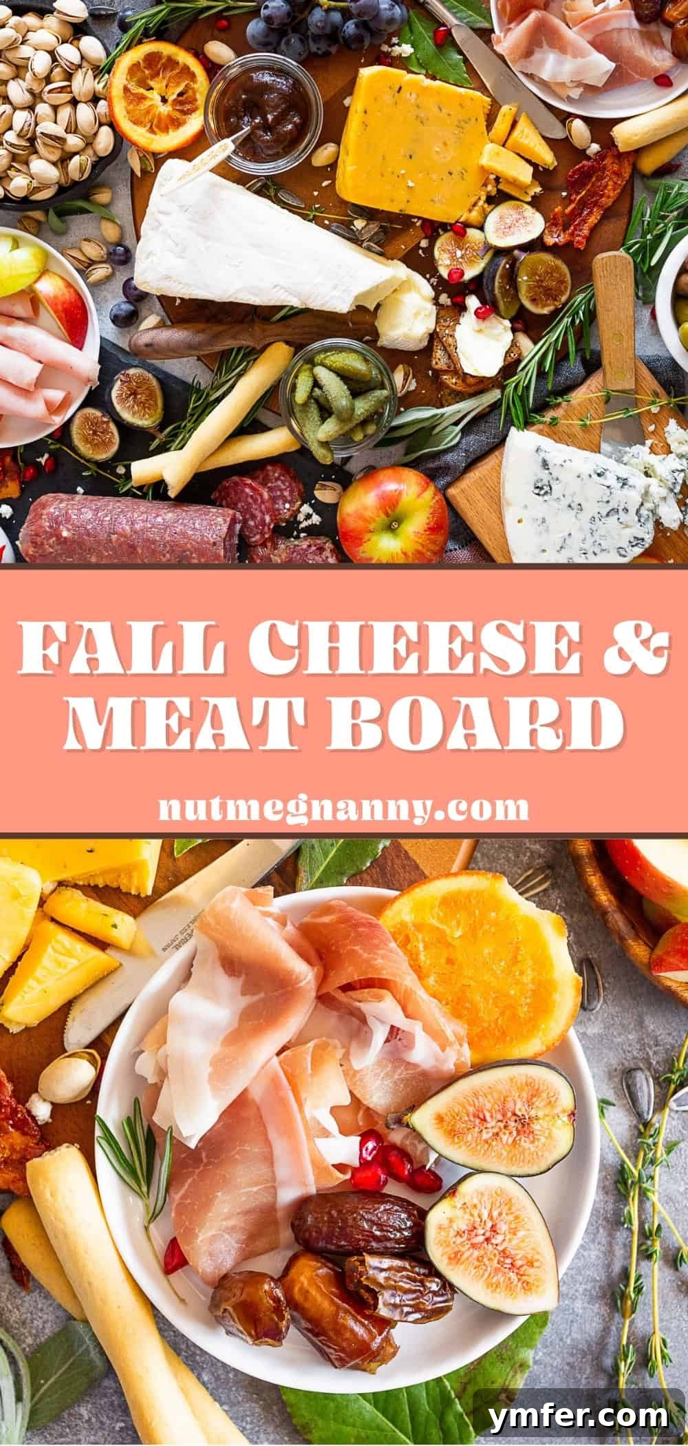 Fall Cheese Board pin for Pinterest, showing a beautifully assembled board.