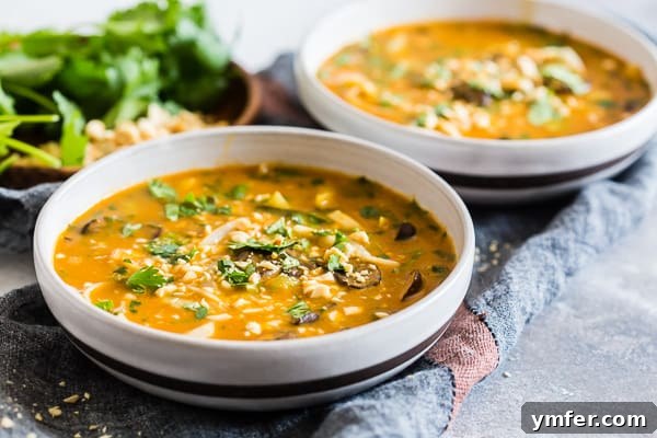 Warming Vegan Pumpkin Red Curry Noodle Soup 6 Two ceramic bowls filled with Vegan Red Curry Pumpkin Noodle Soup, a comforting and visually appealing plant-based dish.