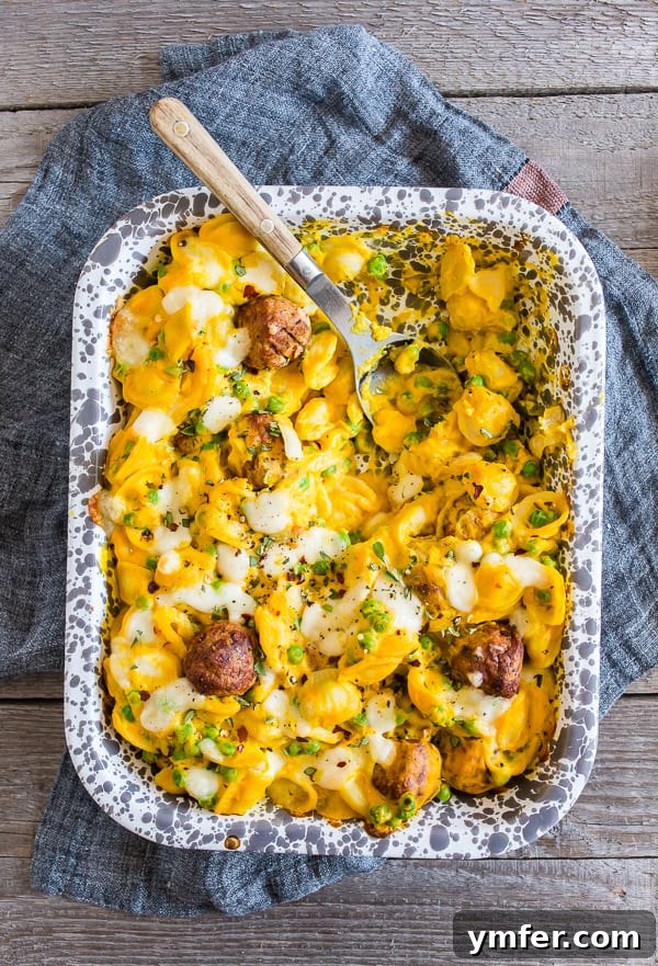 Autumn Comfort: Pumpkin Alfredo Meatball Pasta Bake 2 A golden-brown Pumpkin Cauliflower Alfredo Meatball Pasta Bake in a baking tray, ready to be served.