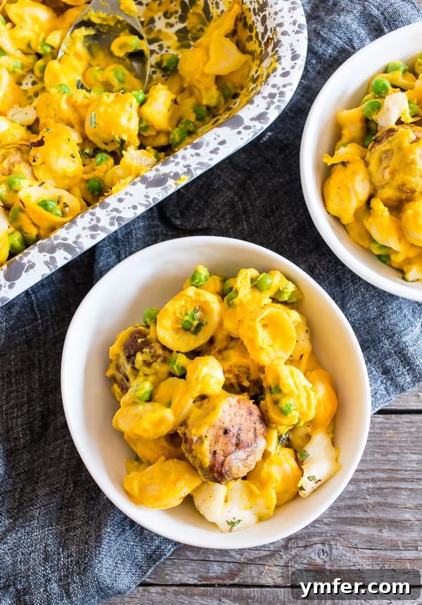 Autumn Comfort: Pumpkin Alfredo Meatball Pasta Bake 5 A single serving of Pumpkin Cauliflower Alfredo Meatball Pasta Bake in a bowl, garnished and ready to eat.