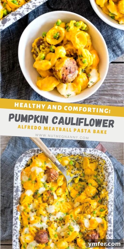 Autumn Comfort: Pumpkin Alfredo Meatball Pasta Bake 8 A stunning vertical image of Pumpkin Cauliflower Alfredo Meatball Pasta Bake, ideal for Pinterest sharing.