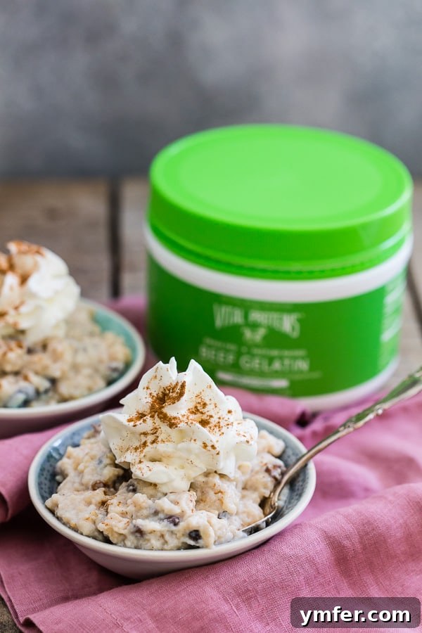 Creamy Vanilla Bean Brown Rice Bliss 3 Close-up of Vanilla Bean Brown Rice Pudding in a bowl, showcasing its creamy texture and vanilla specks, thickened with Vital Proteins beef gelatin.