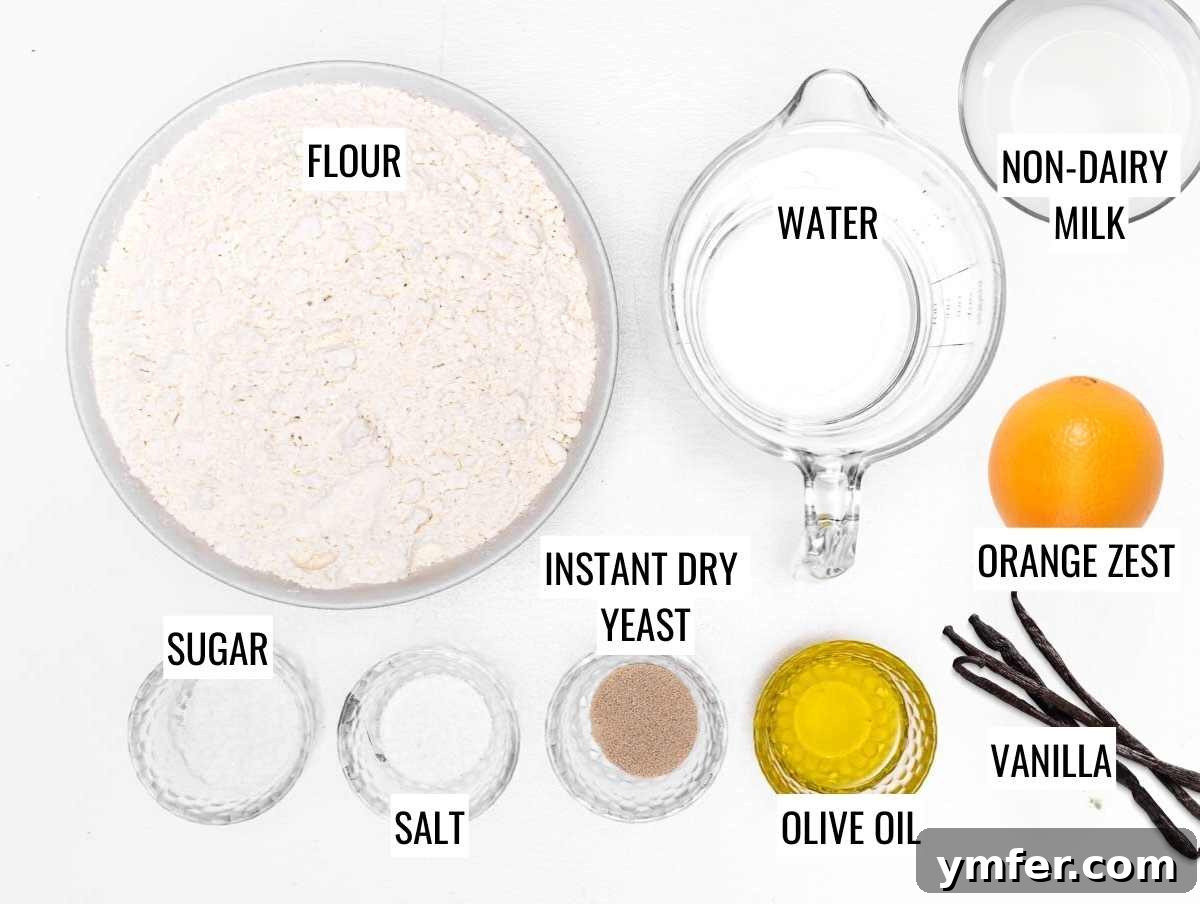 Heavenly Vegan Brioche 4 A flat lay photograph displaying all the essential ingredients for making vegan brioche, neatly arranged on a counter.