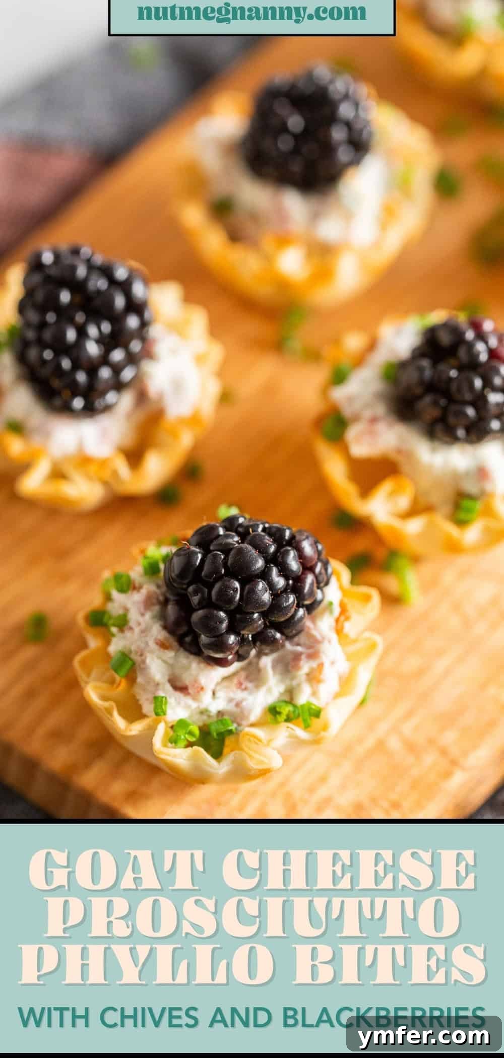 Golden Phyllo Goat Cheese Prosciutto Parcels 7 A vertical Pinterest pin image for Goat Cheese Prosciutto Phyllo Bites, highlighting the recipe for easy sharing.
