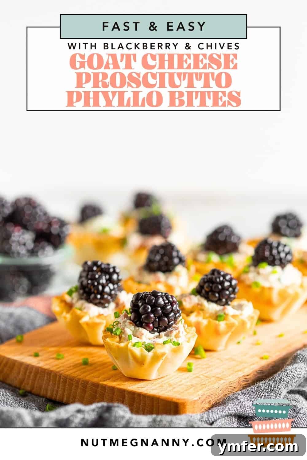 Golden Phyllo Goat Cheese Prosciutto Parcels 8 A square Pinterest graphic for Goat Cheese Prosciutto Phyllo Bites, showcasing the delicious appetizer.