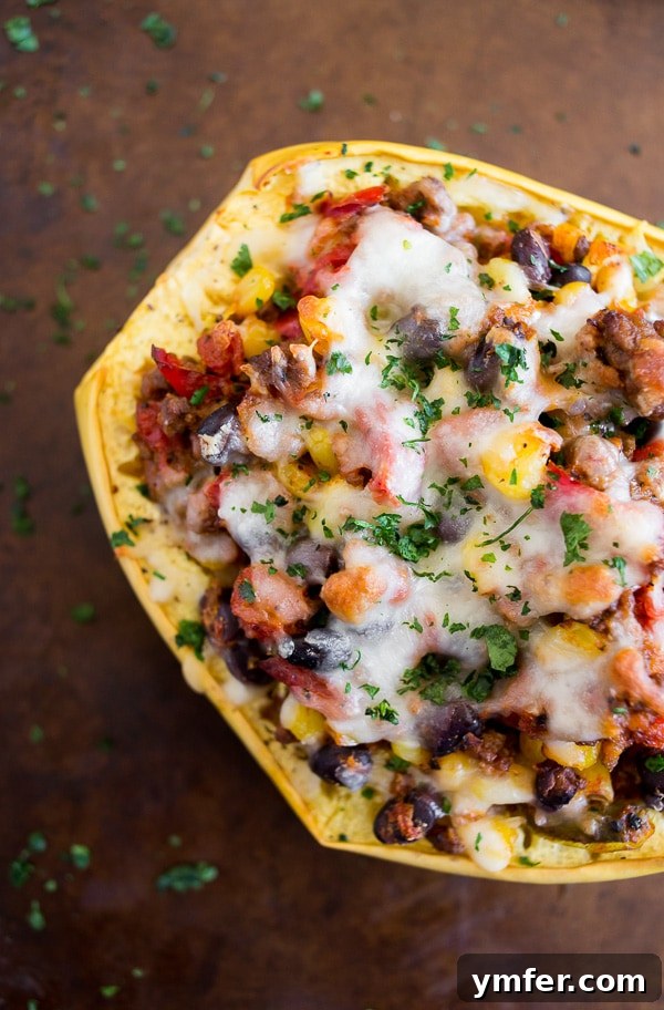 2017's Standout Content 4 Southwest taco stuffed spaghetti squash, brimming with seasoned ground beef, vibrant vegetables, savory spices, and topped with melted spicy pepper jack cheese – ultimate comfort food.