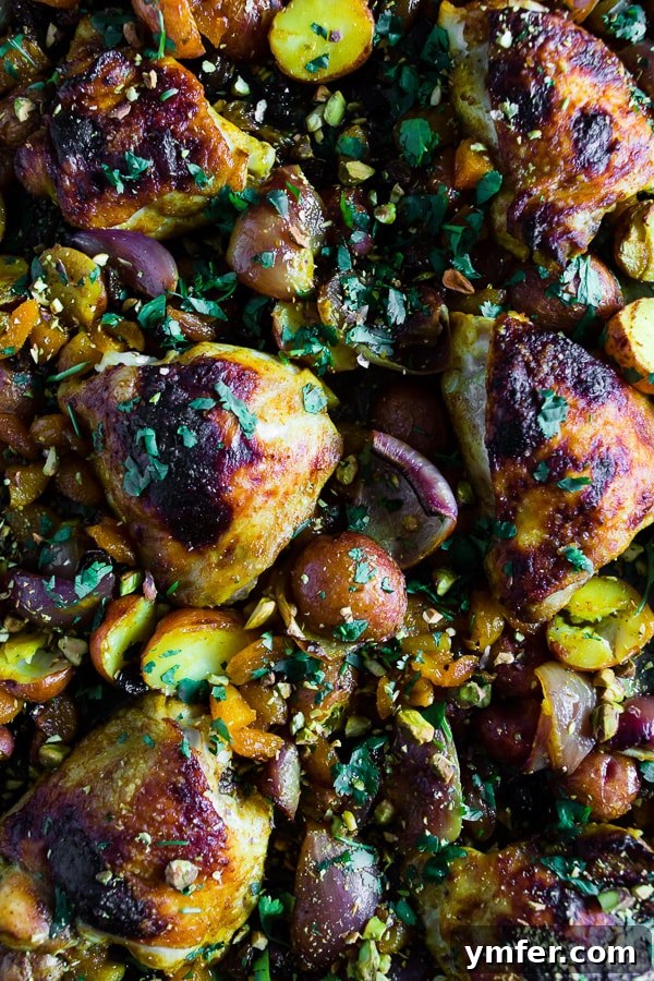 2017's Standout Content 9 Sheet pan Moroccan chicken and potatoes, seasoned with rich Moroccan spices, dried apricots, golden raisins, and garnished with cilantro and pistachios. A simple one-pan dish ready in 45-50 minutes.