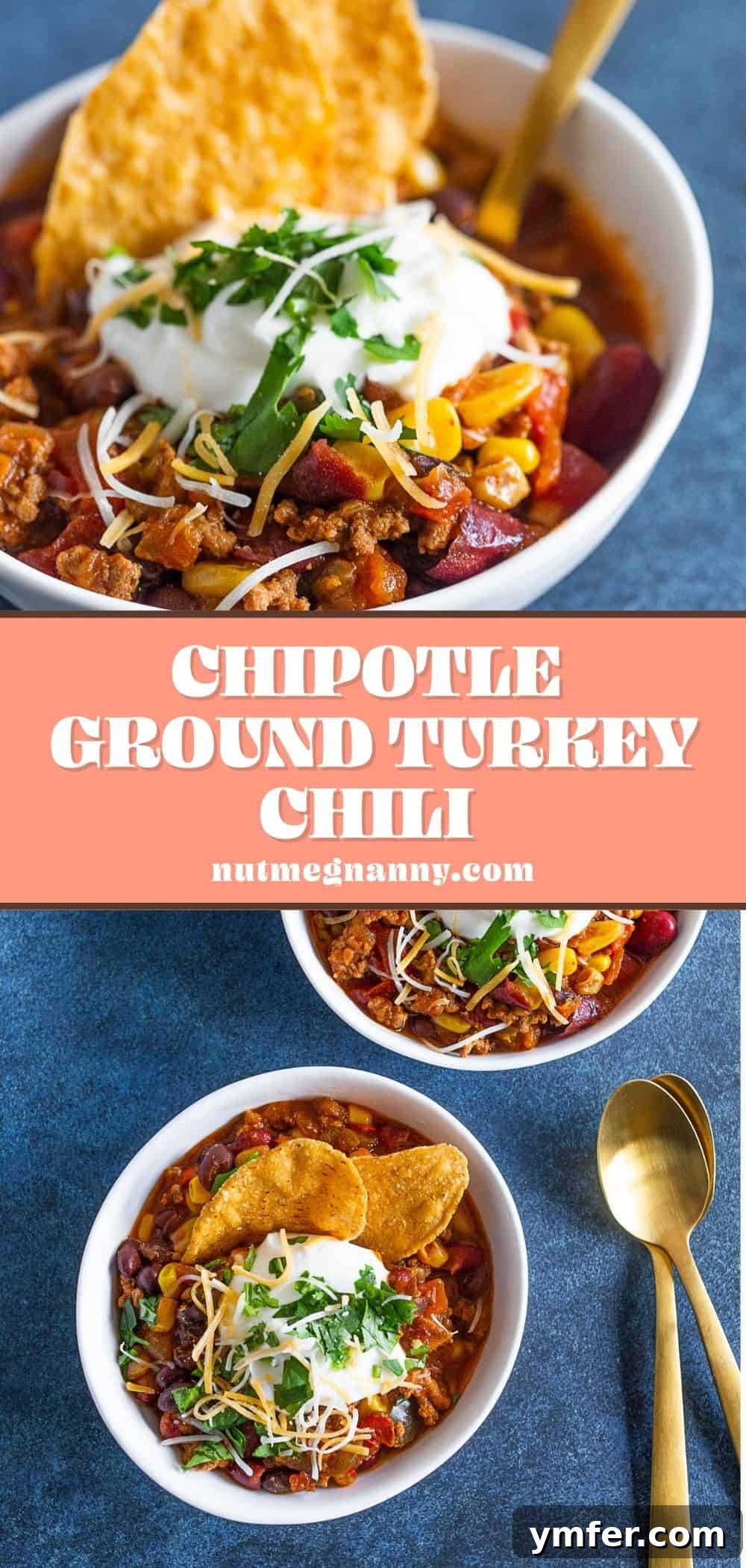 Smoky Chipotle Turkey Chili 7 A graphic pin for Pinterest featuring a steaming bowl of Chipotle Ground Turkey Chili with toppings and text saying 'Chipotle Ground Turkey Chili - Healthy, Easy, Flavorful'.
