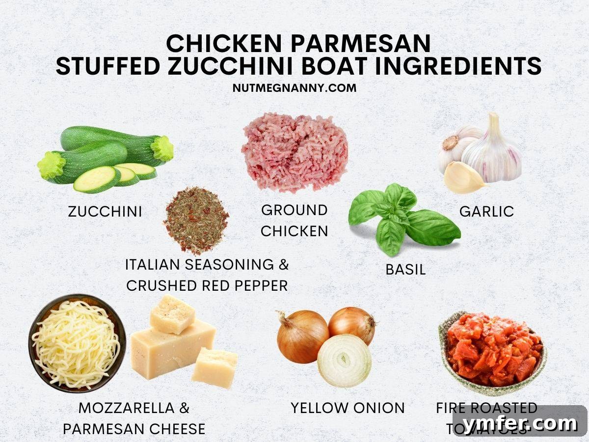 Cheesy Chicken Parm Zucchini Boats 3 Ingredients for Ground Chicken Parmesan Stuffed Zucchini Boats laid out. This visual highlights the fresh produce and pantry staples required for the recipe, emphasizing quality and readiness.