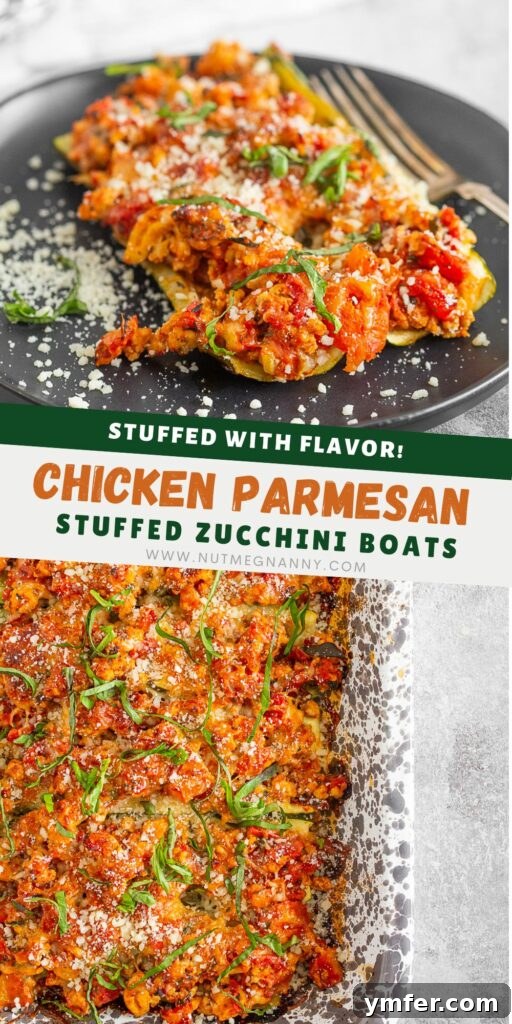 Cheesy Chicken Parm Zucchini Boats 9 Ground Chicken Parmesan Stuffed Zucchini Boats pin for Pinterest. A visually appealing image designed for social media sharing, highlighting the dish's appeal.