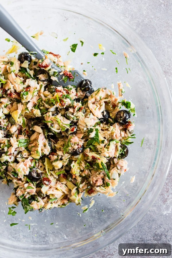 Zesty Mediterranean Tuna Flatbread 6 Mediterranean Tuna Salad mixed in a bowl.